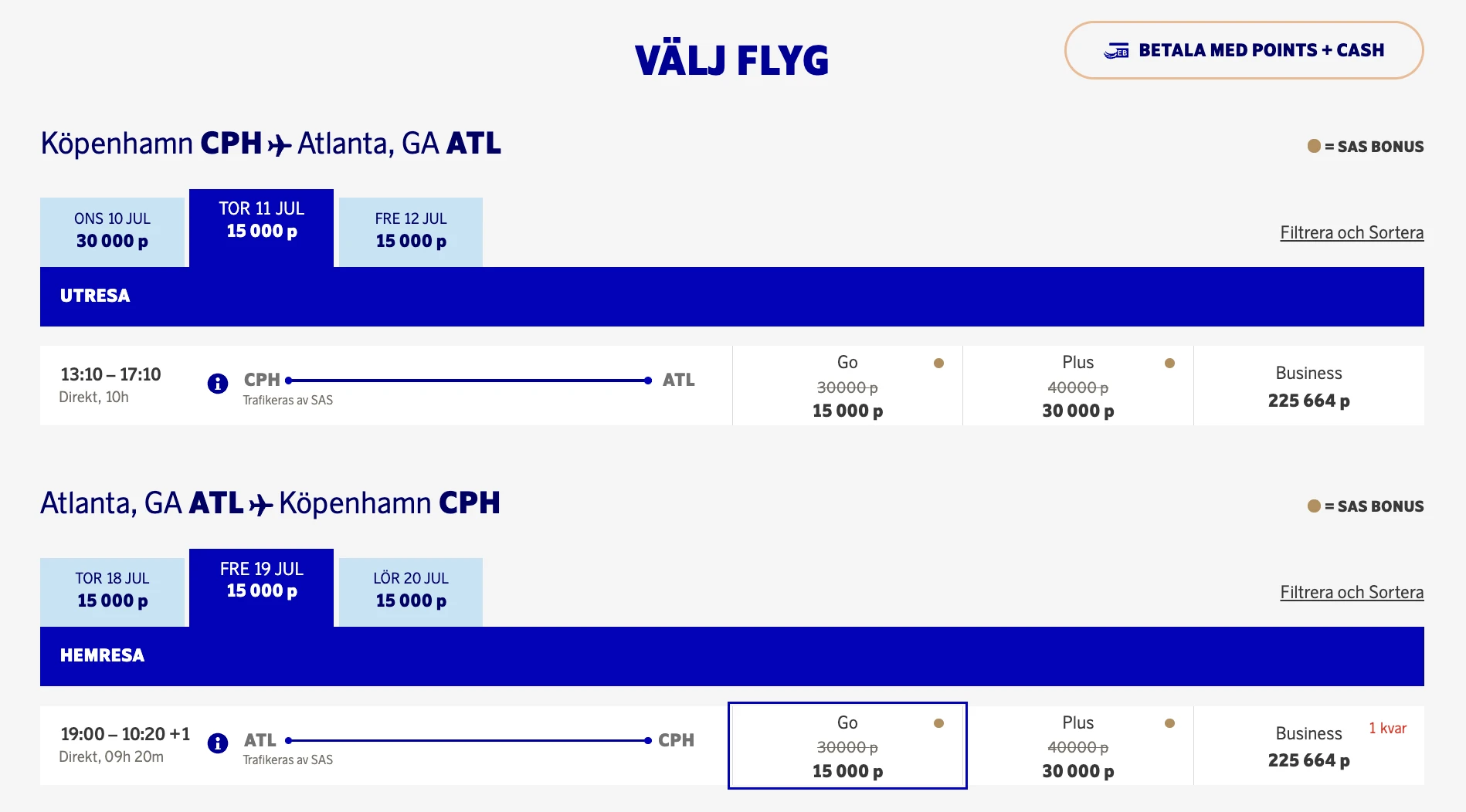 SAS is offering 50% point discount on flights to Atlanta with EuroBonus points.