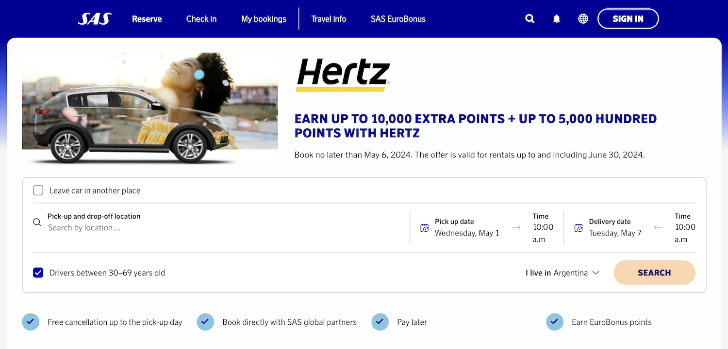 Get extra EuroBonus points with Hertz until May 6, 2024.