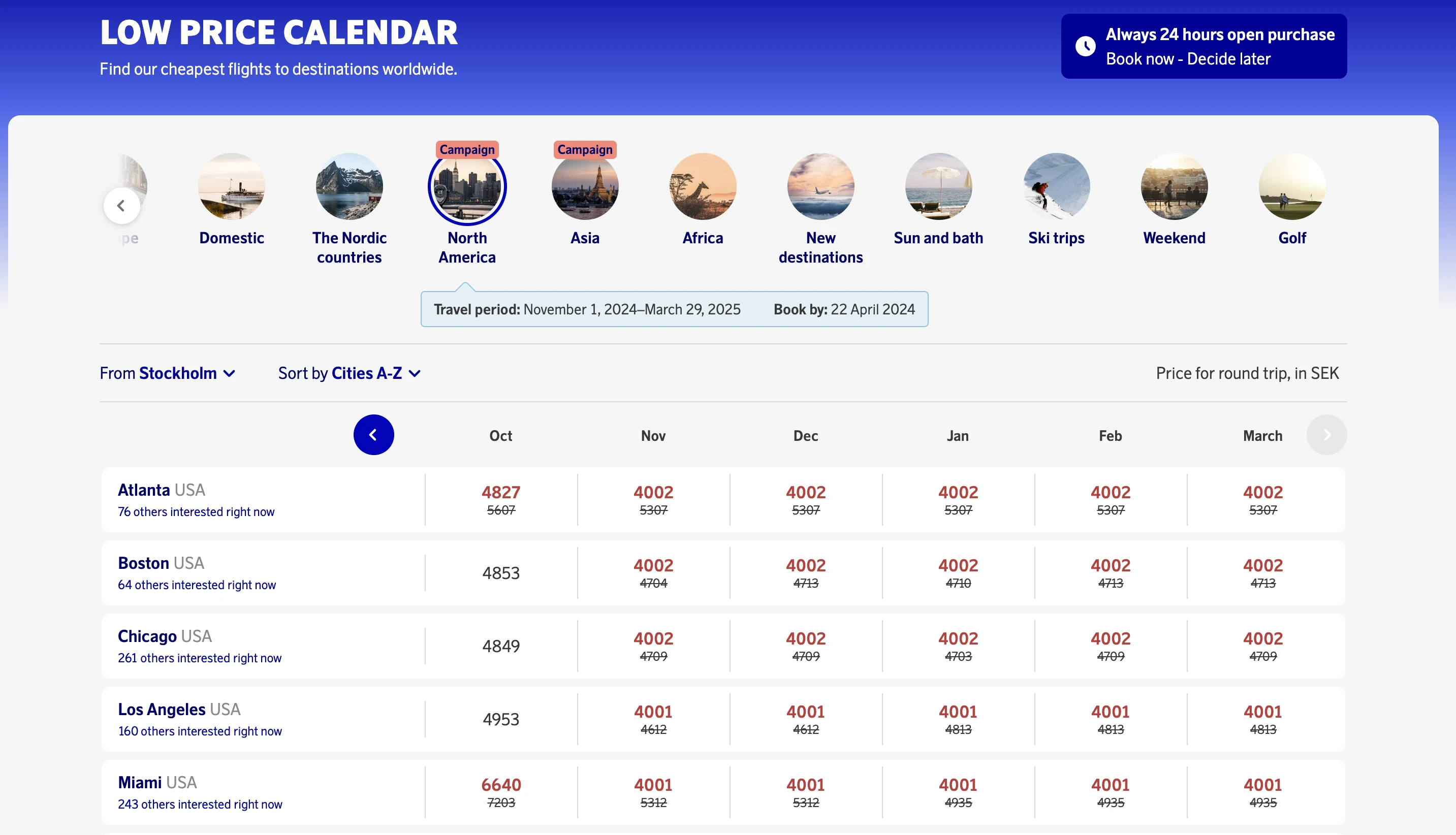 SAS low price calendar with discounts on SAS flights to the US and Asia (April 2024)