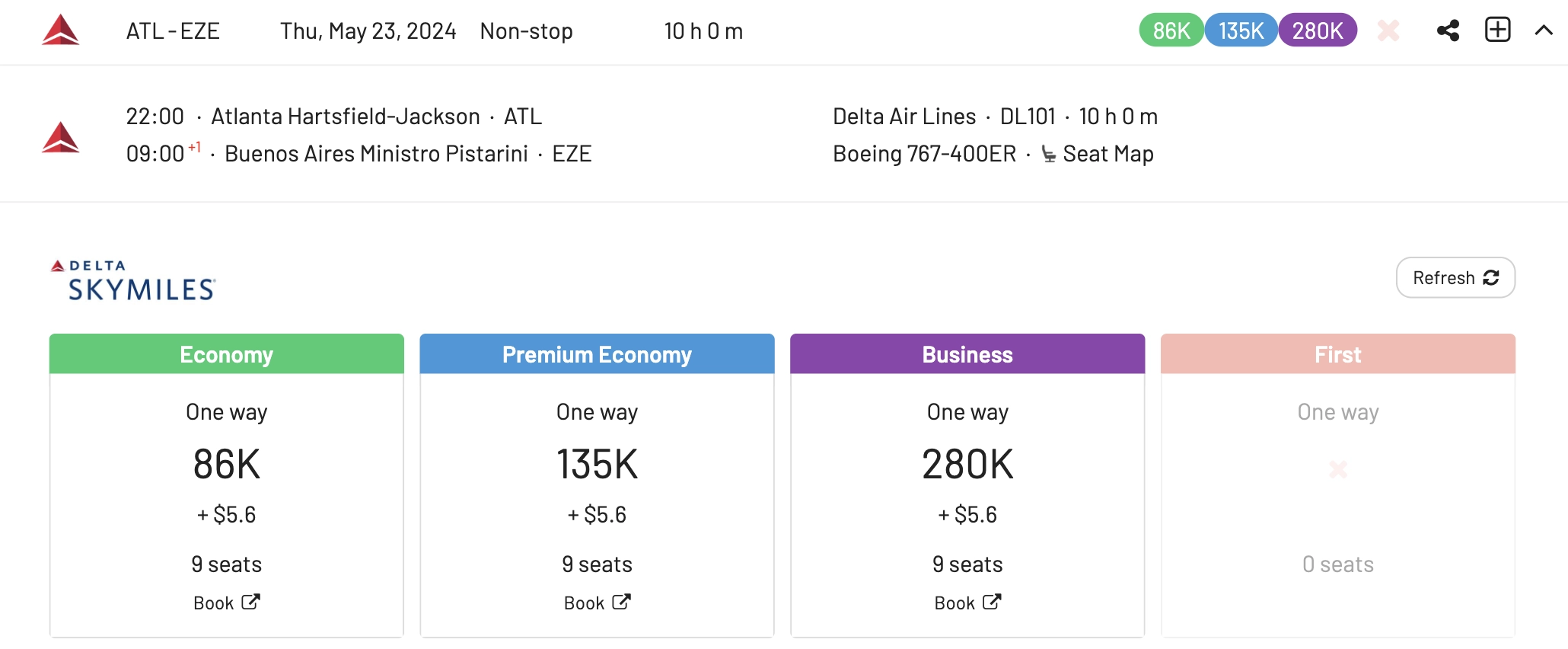 Atlanta to Buenos Aires for 86k SkyMiles one-way.