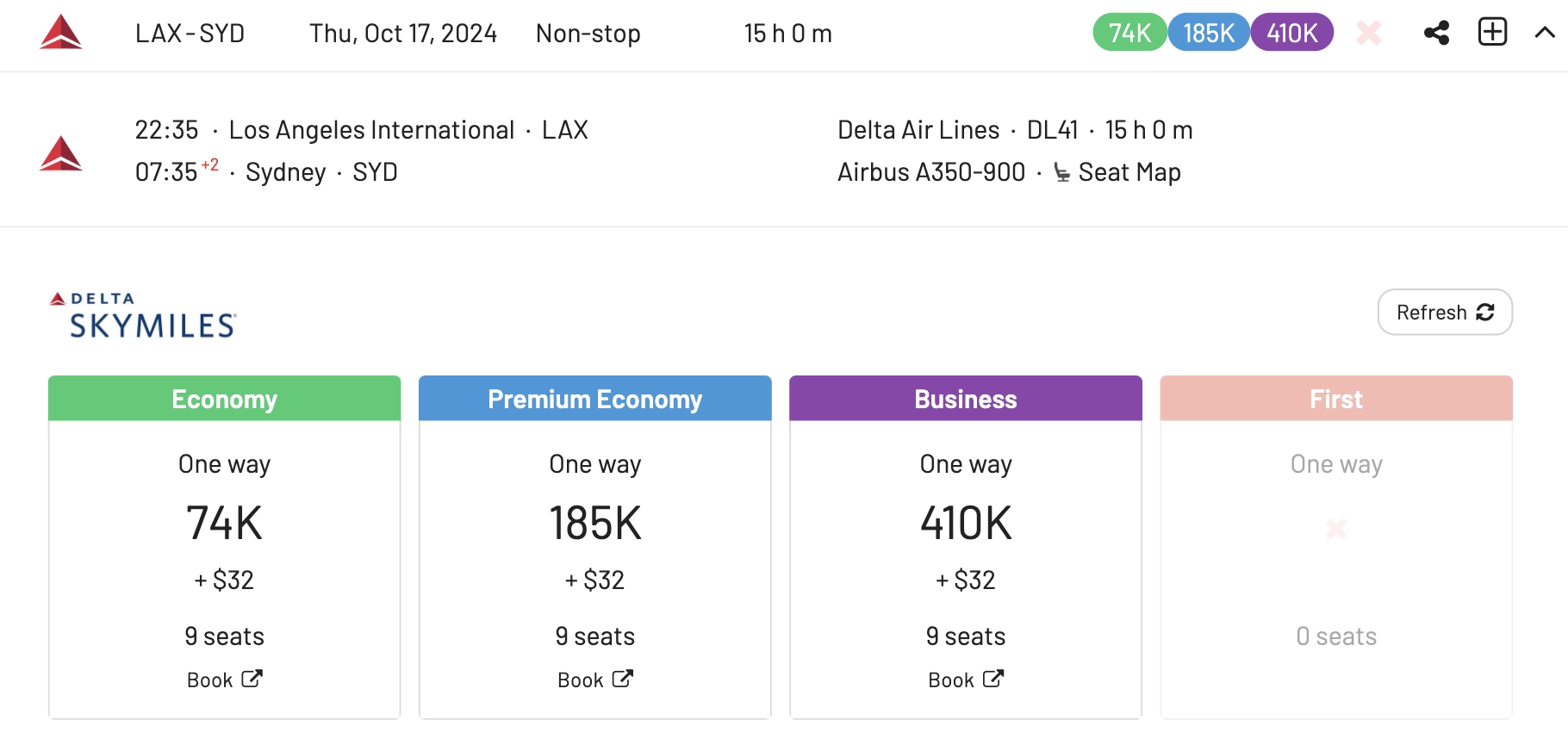 Los Angeles to Sydney for 74k SkyMiles one-way.