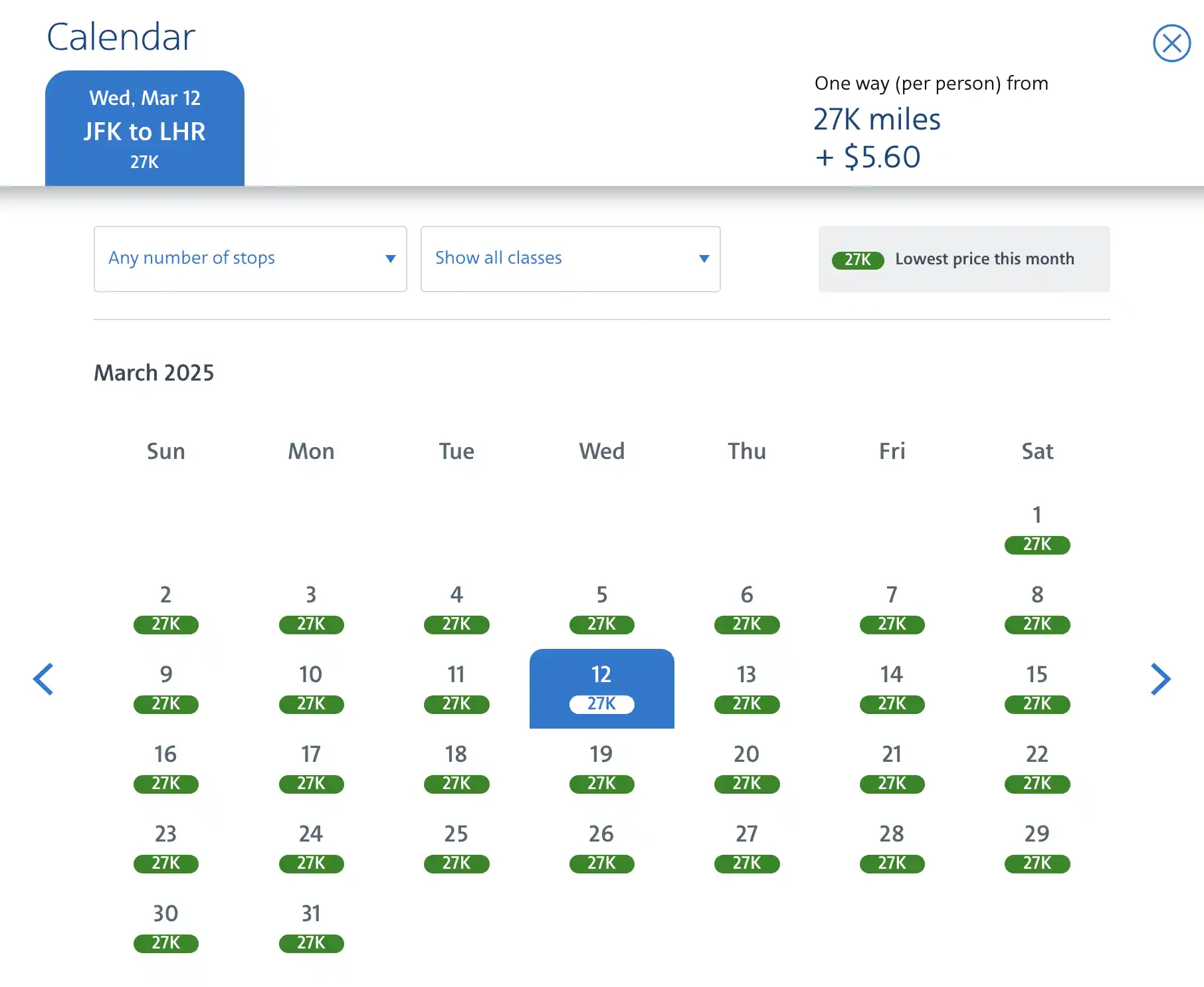 American Airlines Award Calendar in 2025.