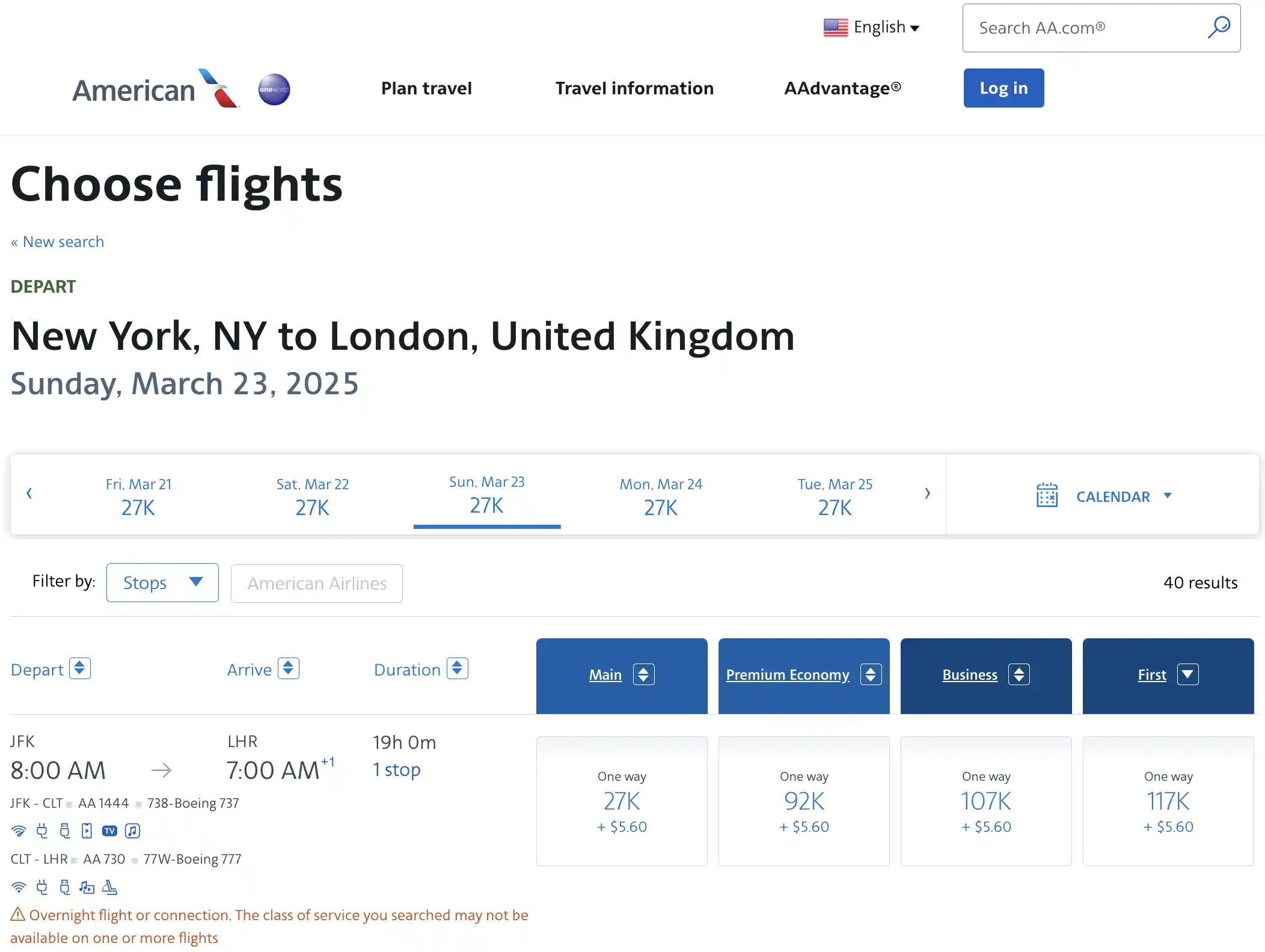 AwardFares redirige al sitio web de American Airlines para reservar vuelos con millas.