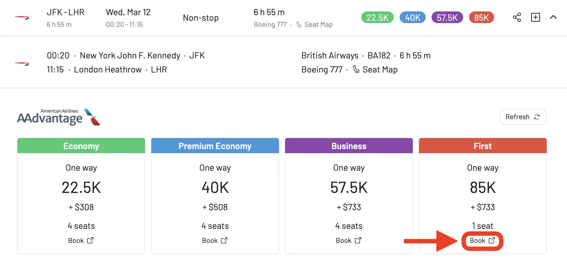 AwardFares redirige al sitio web de American Airlines para completar la reserva.