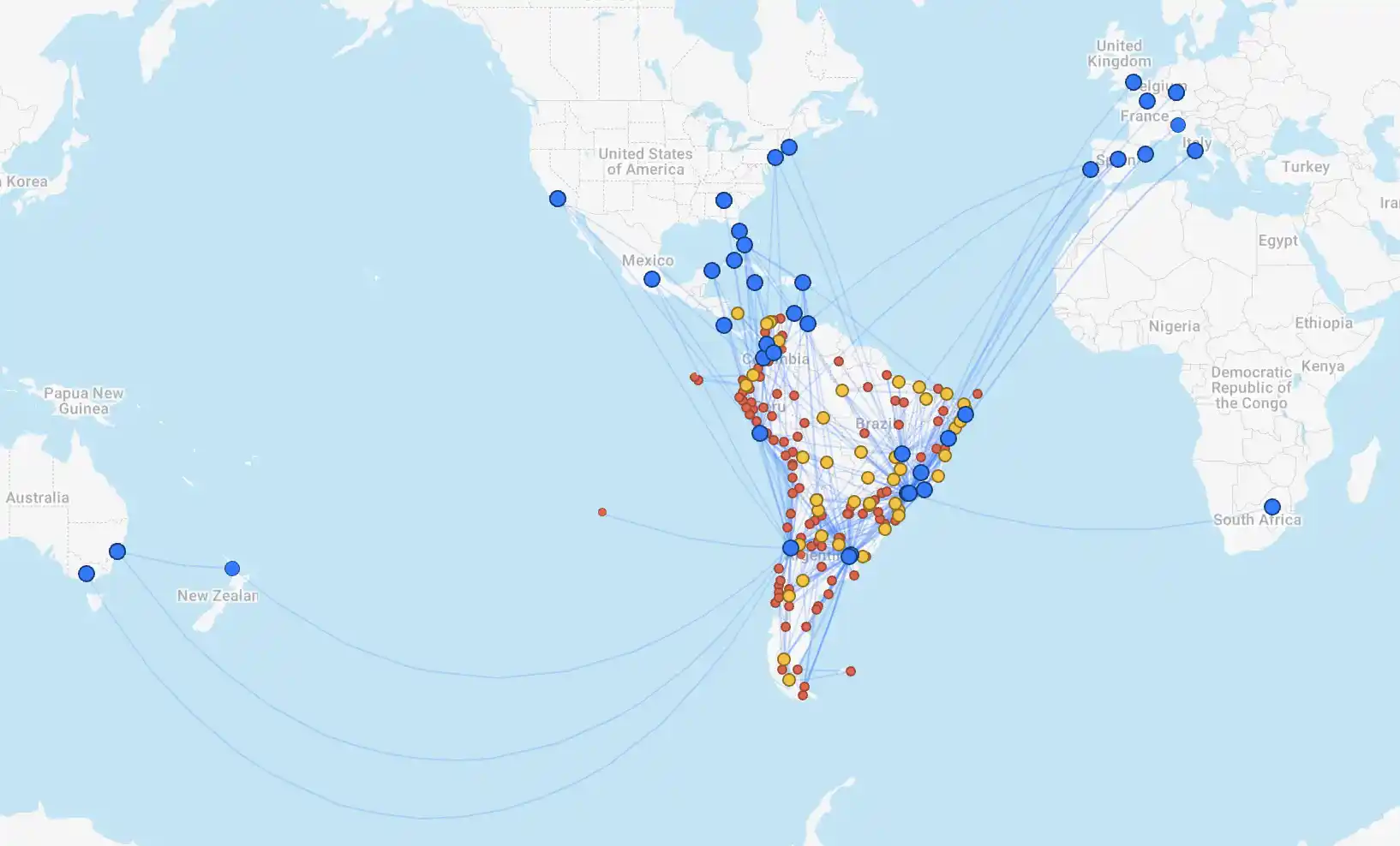 Combined routes between Aerolíneas Argentinas and LATAM subsidiaries.