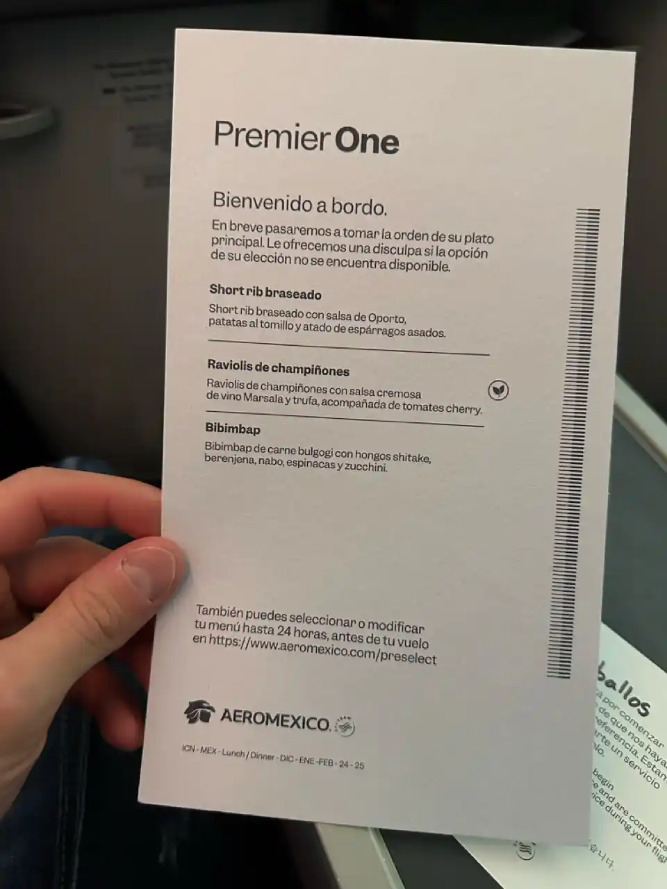 Aeromexico 787-8 Business Class Lunch Menu