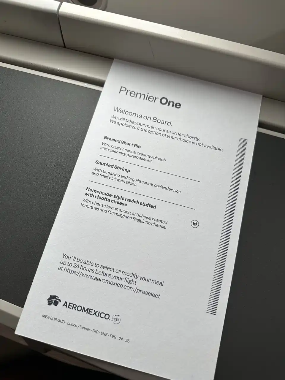 Aeromexico 787-9 Business Class Menu from Mexico City (MEX) to Buenos Aires (EZE)