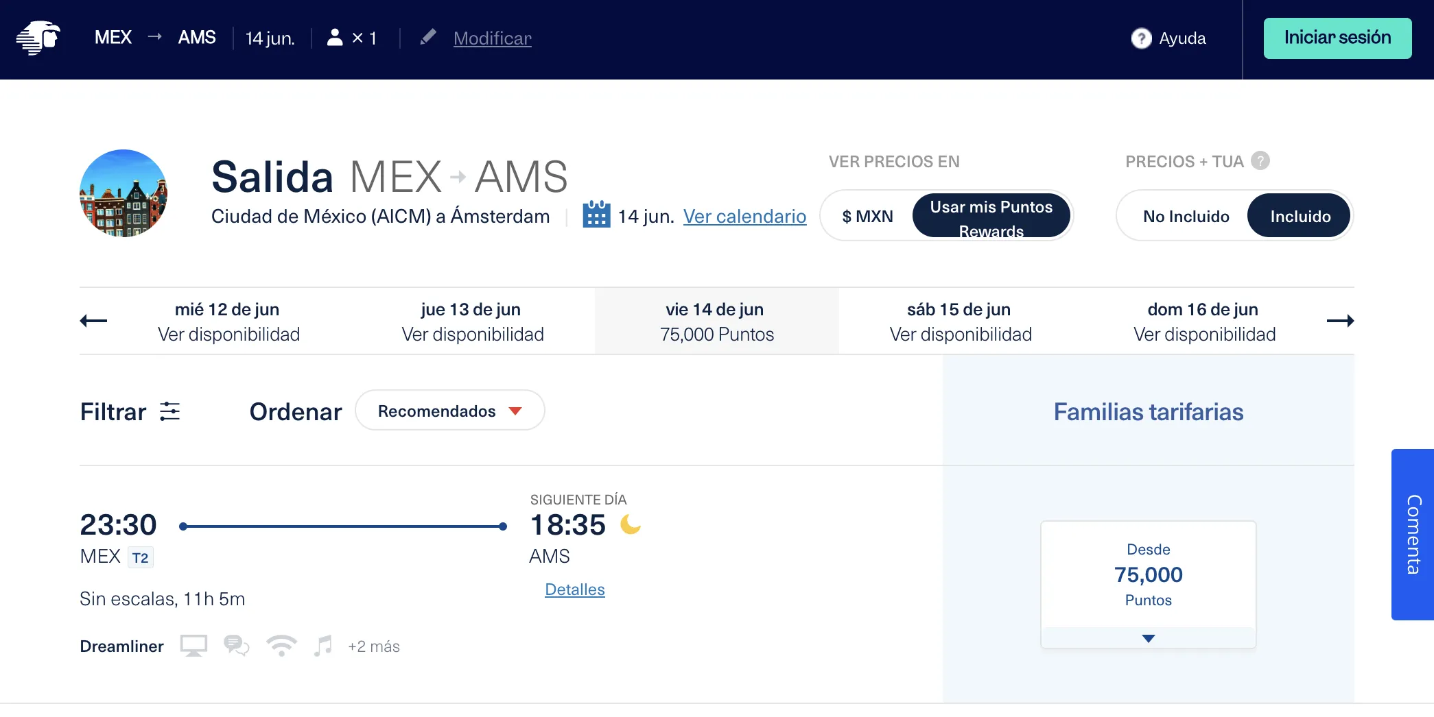 AwardFares redirects you to Aeromexico website to book Aeromexico Rewards awards.