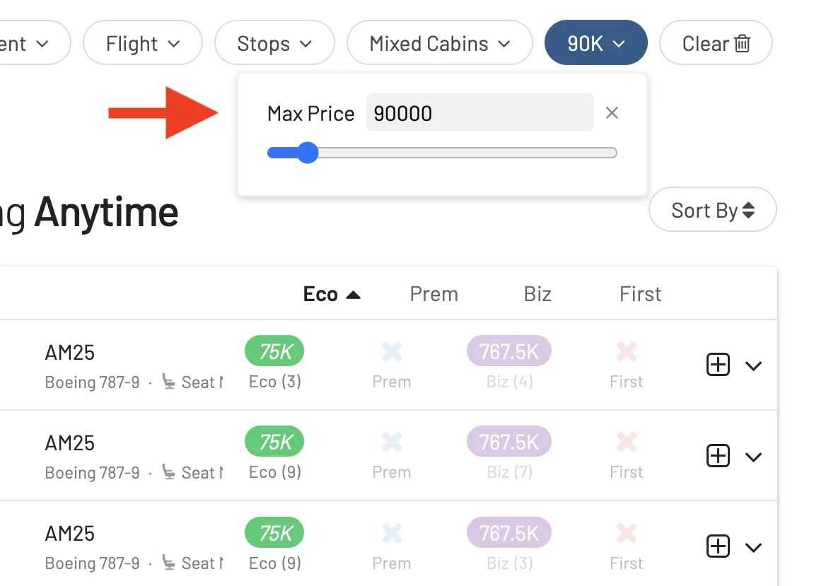 Search results for award flights on AwardFares (Timeline View).