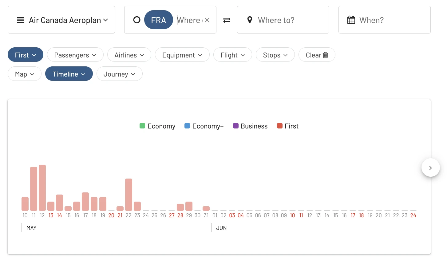 Aeroplan First-class Award Seats (Timeline View) on AwardFares