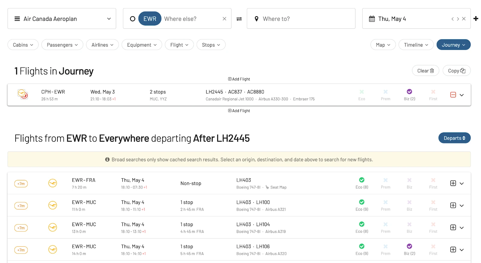 AwardFares Route Suggestions Features with Aeroplan.