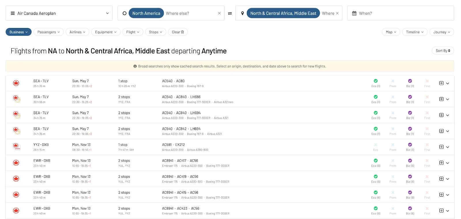 North America to Middle East or North Africa on Aeroplan (using AwardFares).