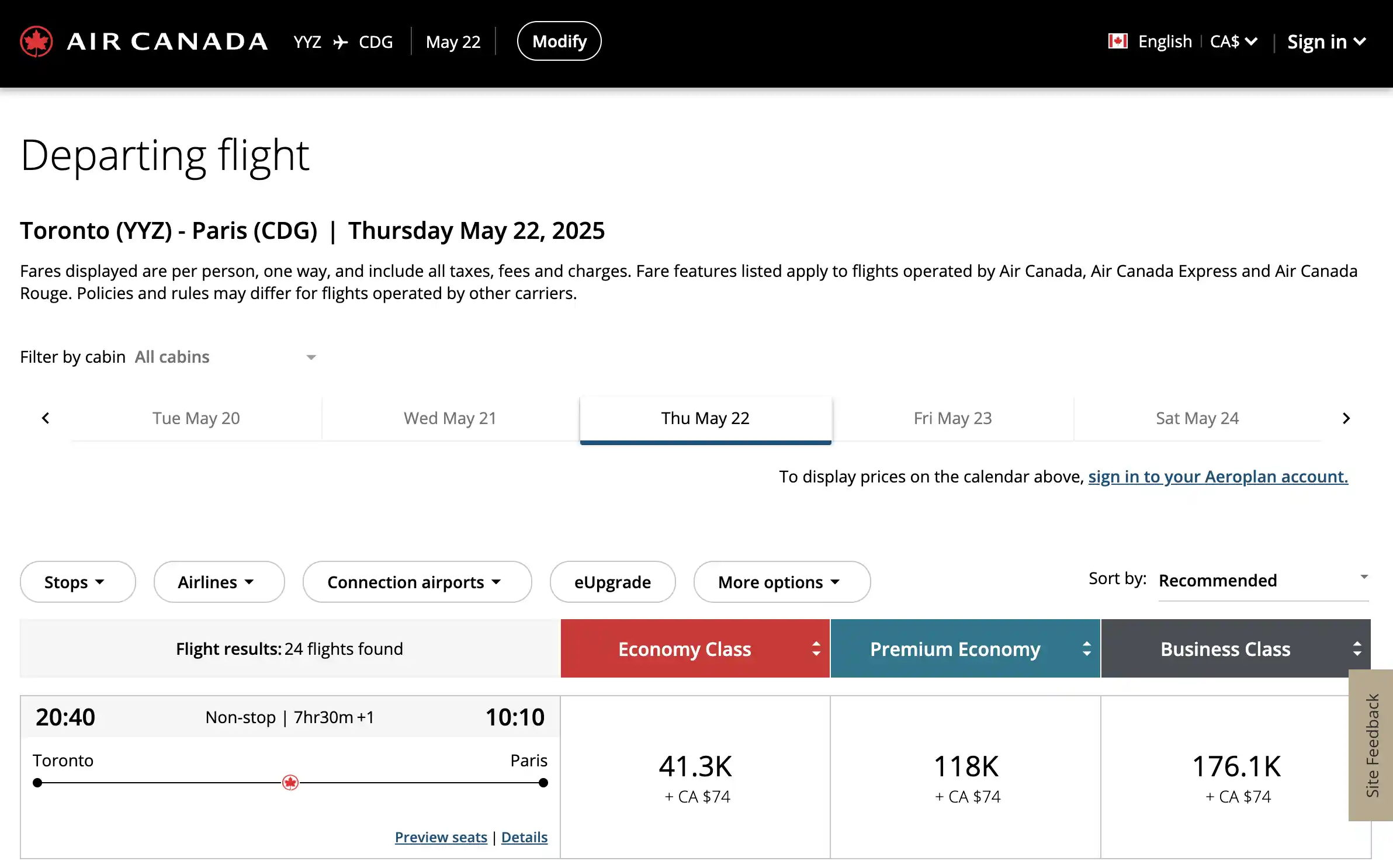 AwardFares redirects you to Air Canada's website to book Aeroplan award flights.