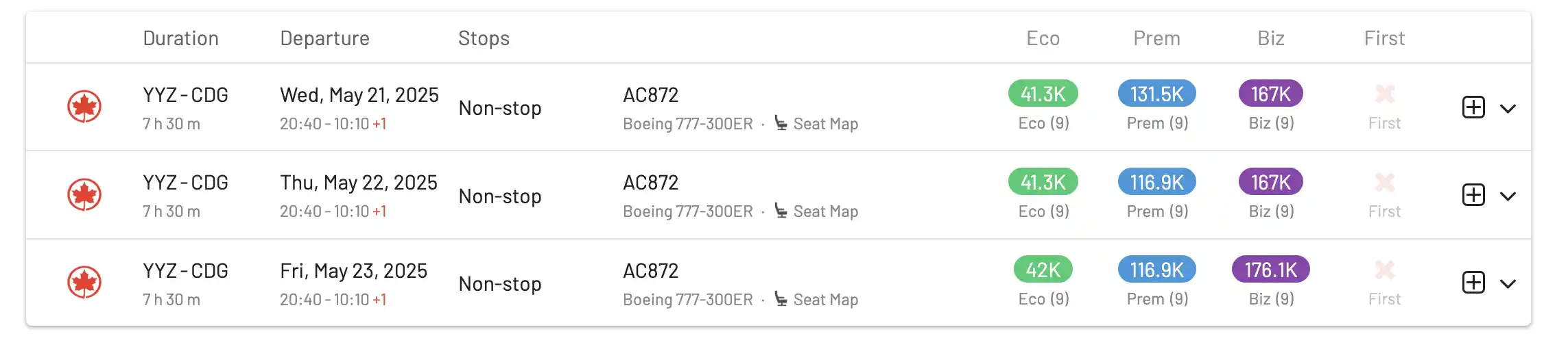 Search results for award flights on AwardFares (List View).