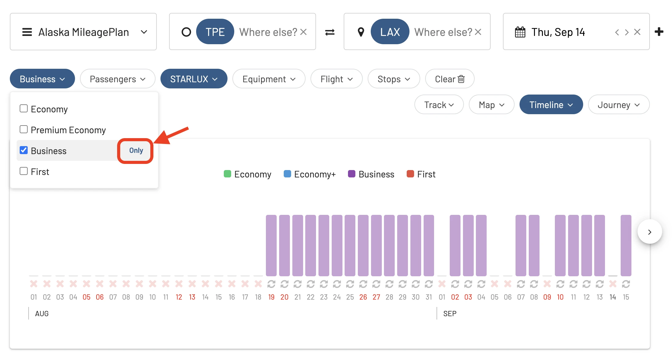 STARLUX Airilines awards in Business Class (AwardFares).