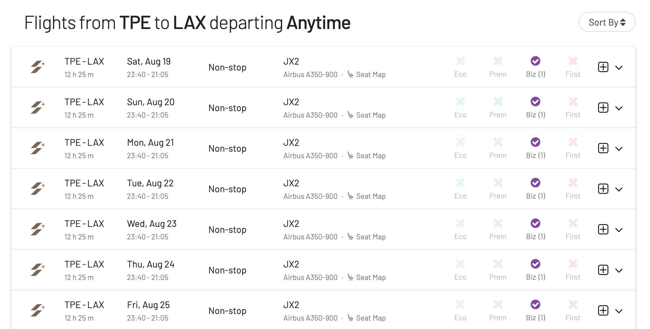 STARLUX Airilines awards in Business Class (AwardFares).