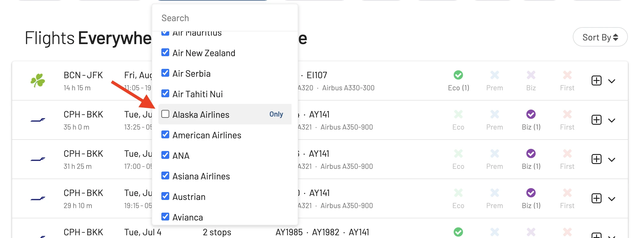 Alaska Airlines Mileage Plan partner redemptions in 2023: Filter results.