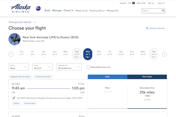 Alaska Mileage Plan New Search UI for Award Flights.