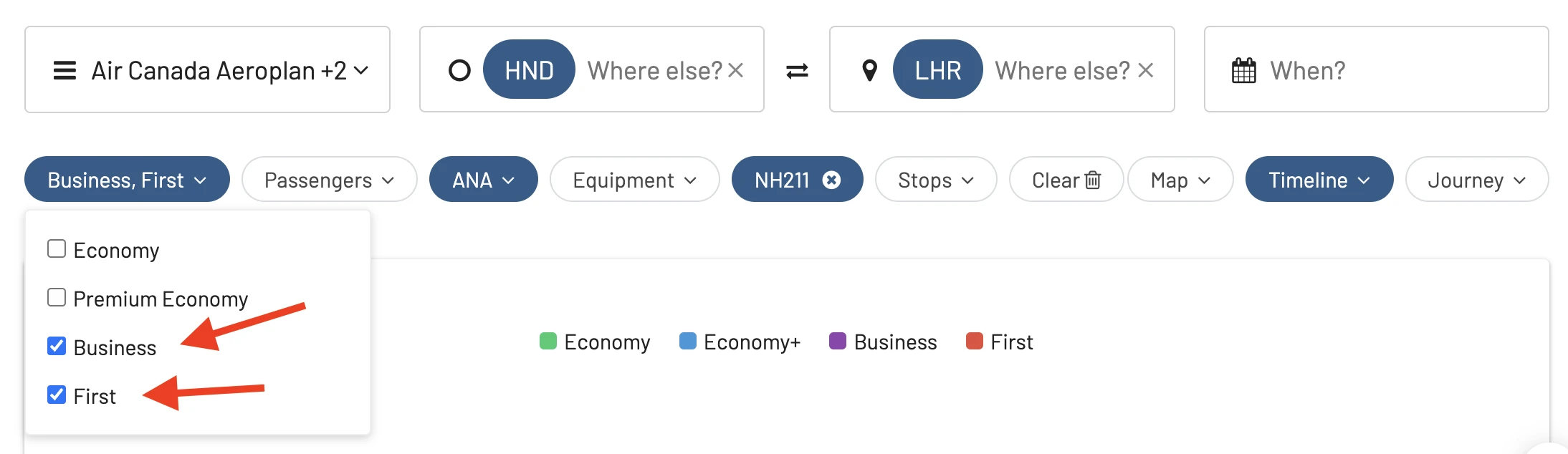 AwardFares Filter by Cabin Class