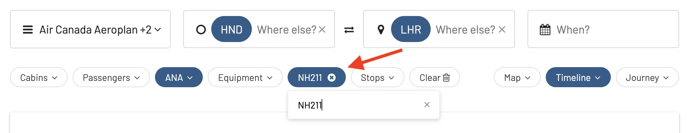 AwardFares Filter by Flight Number (ANA NH211)