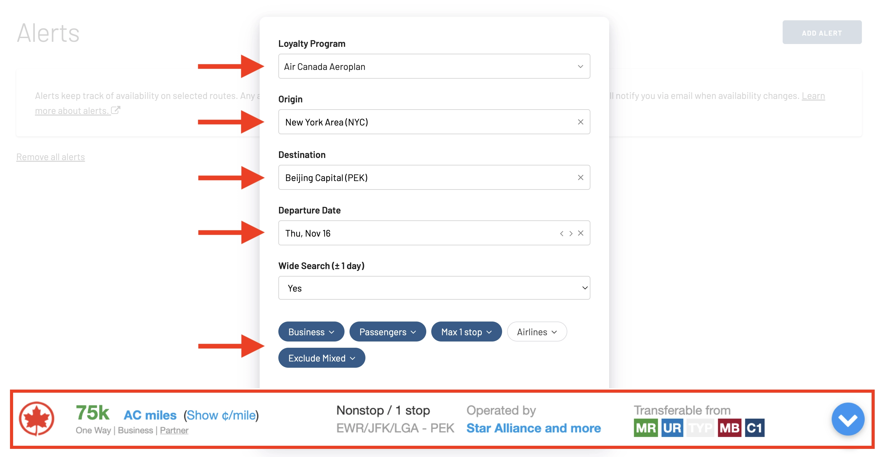 Set up an alert in AwardFares for a route you saw using AwardHacker.