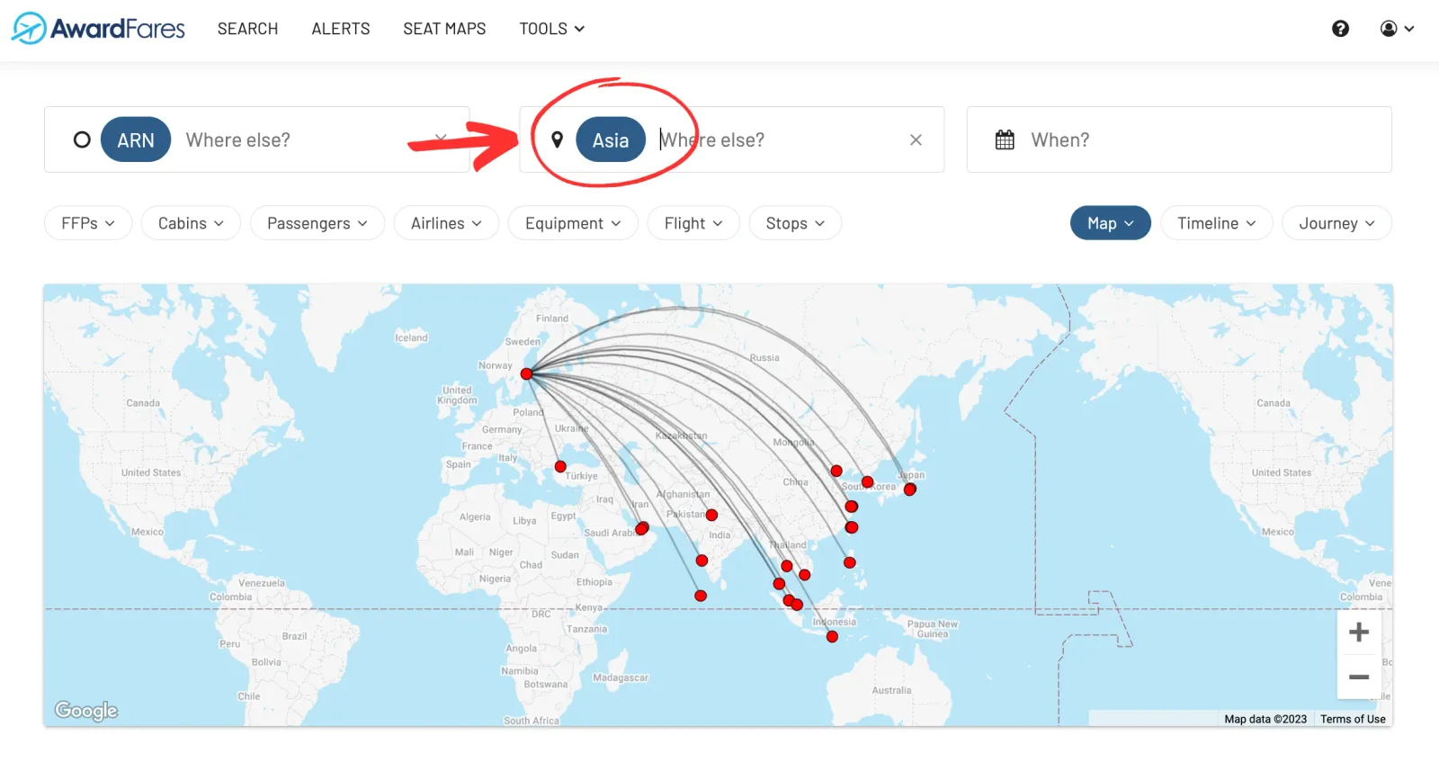 AwardFares Map View (2023)