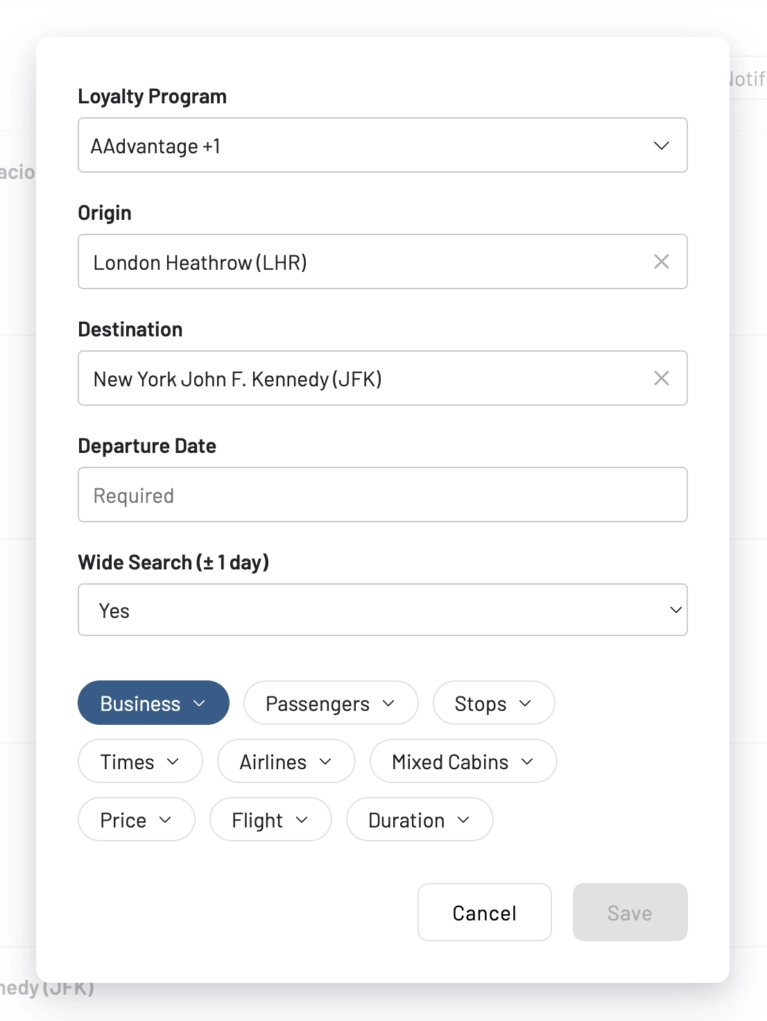 Setting up an advanced Award Alert in AwardFares with filters