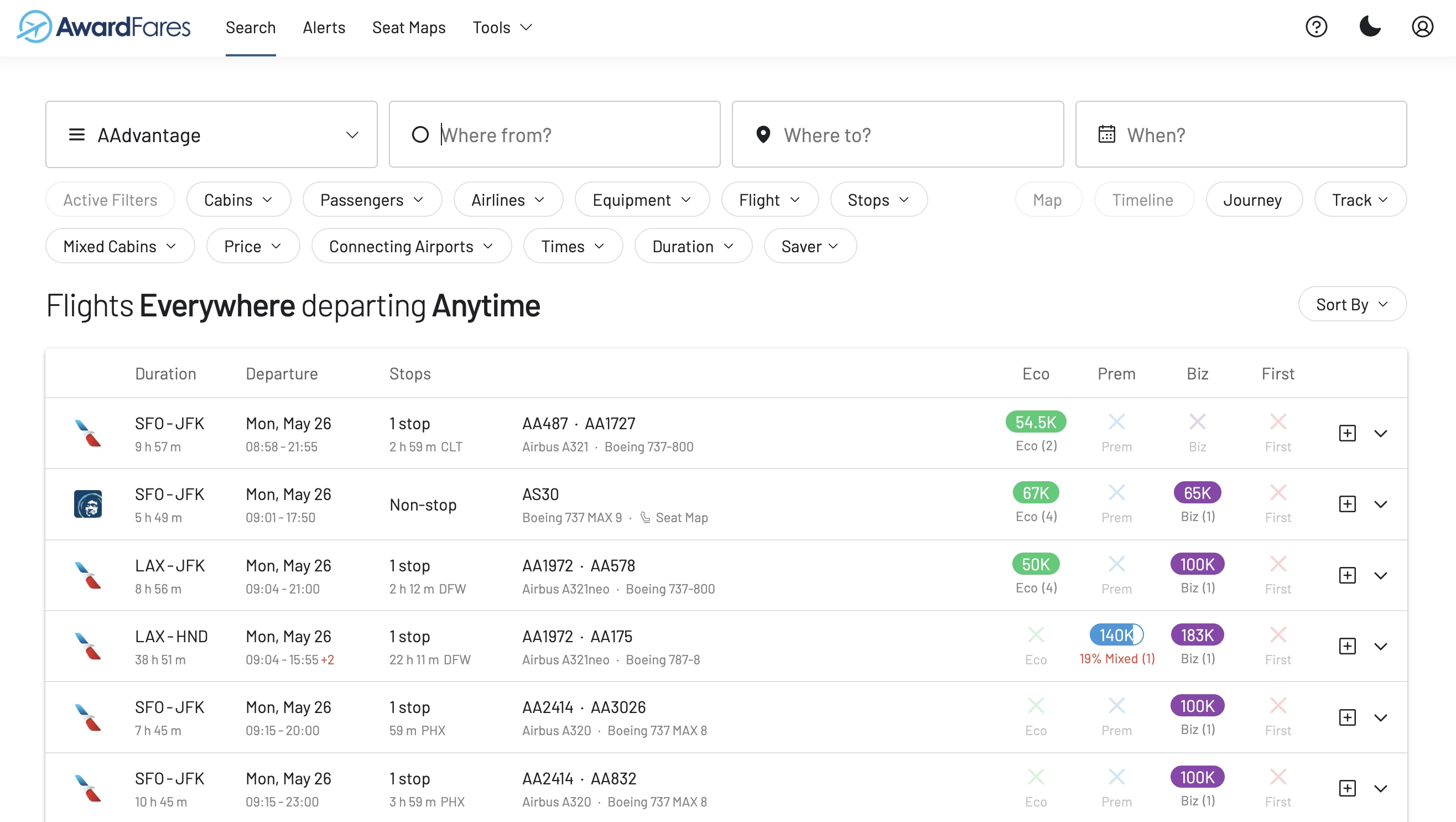 AwardFares Award Search main dashboard