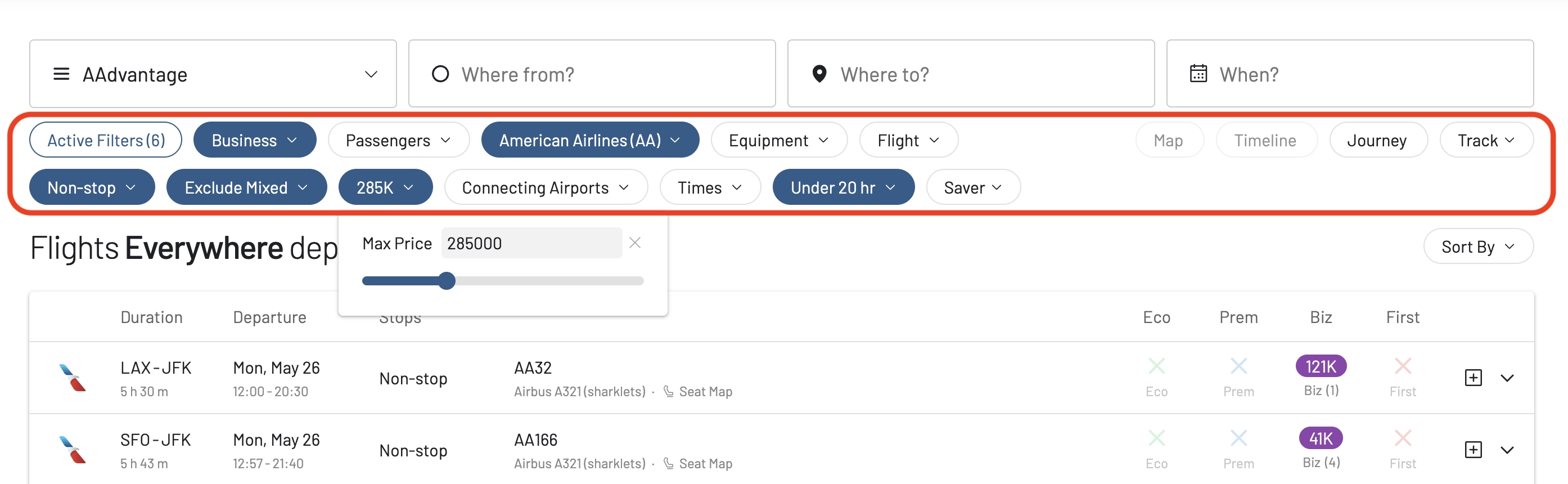 Using advanced filters to search for the best award flights