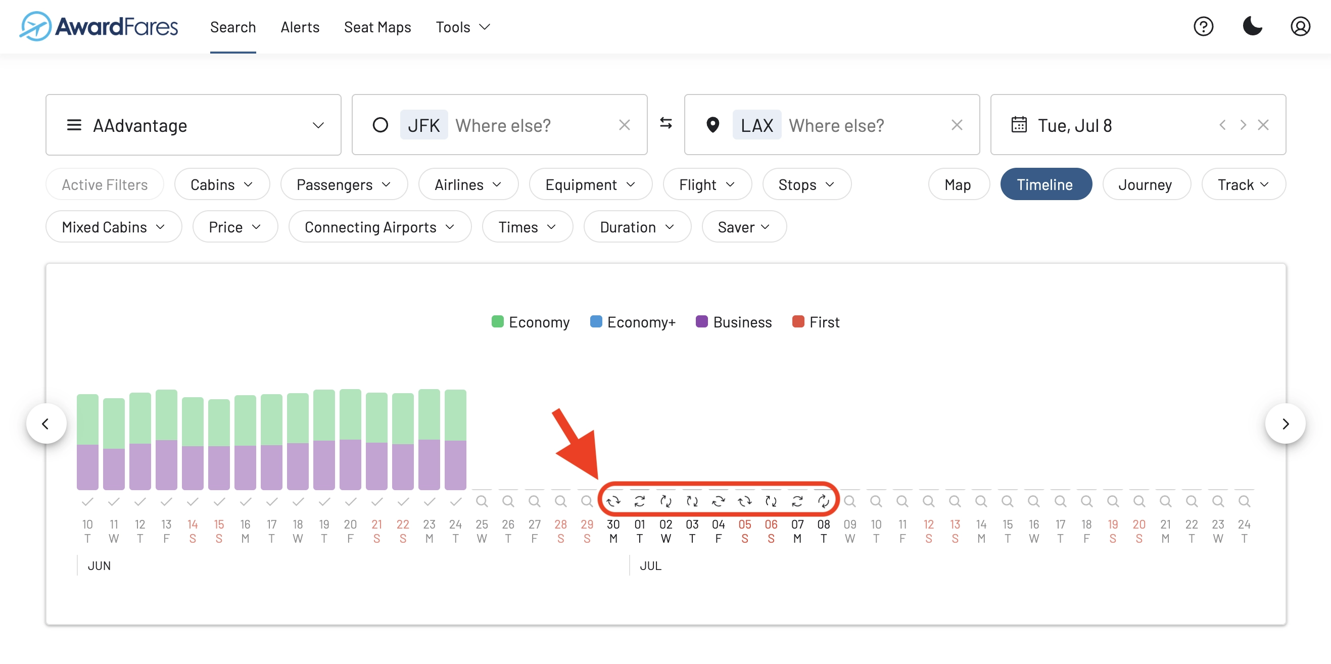 AwardFares Award Search interface showing route, multi-program, and date selection