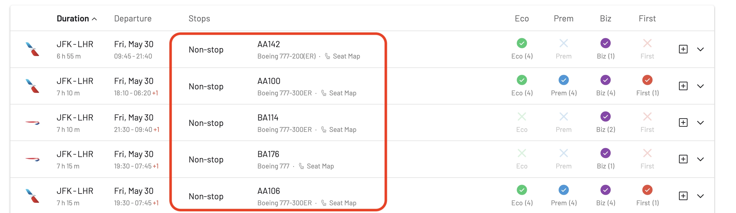 AwardFares search results showing flight availability, pricing, and mixed cabin details