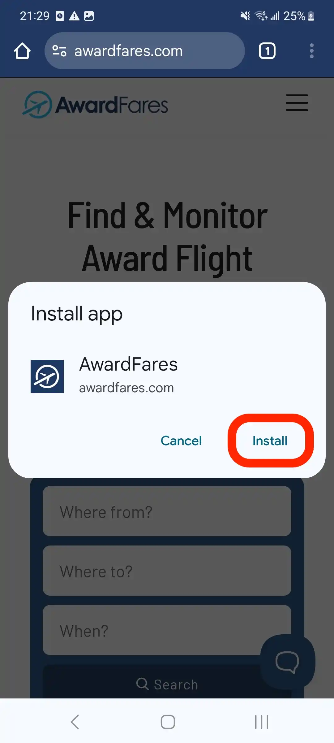 Instalar AwardFares en iPhone (Paso 1).