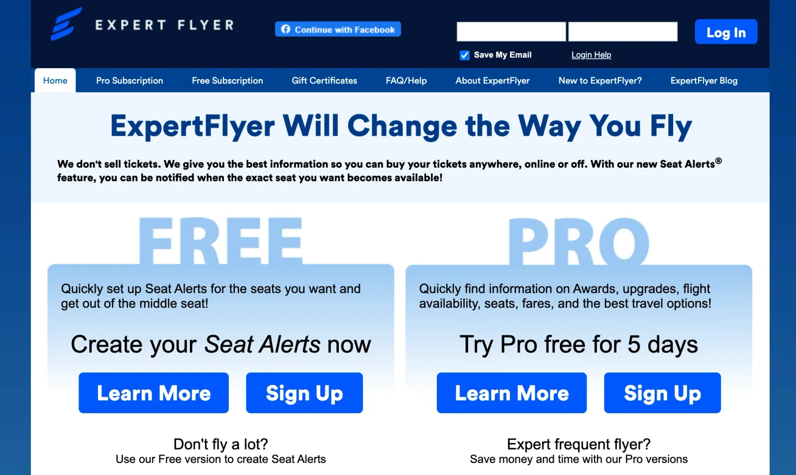 ExpertFlyer Home Page (2023)