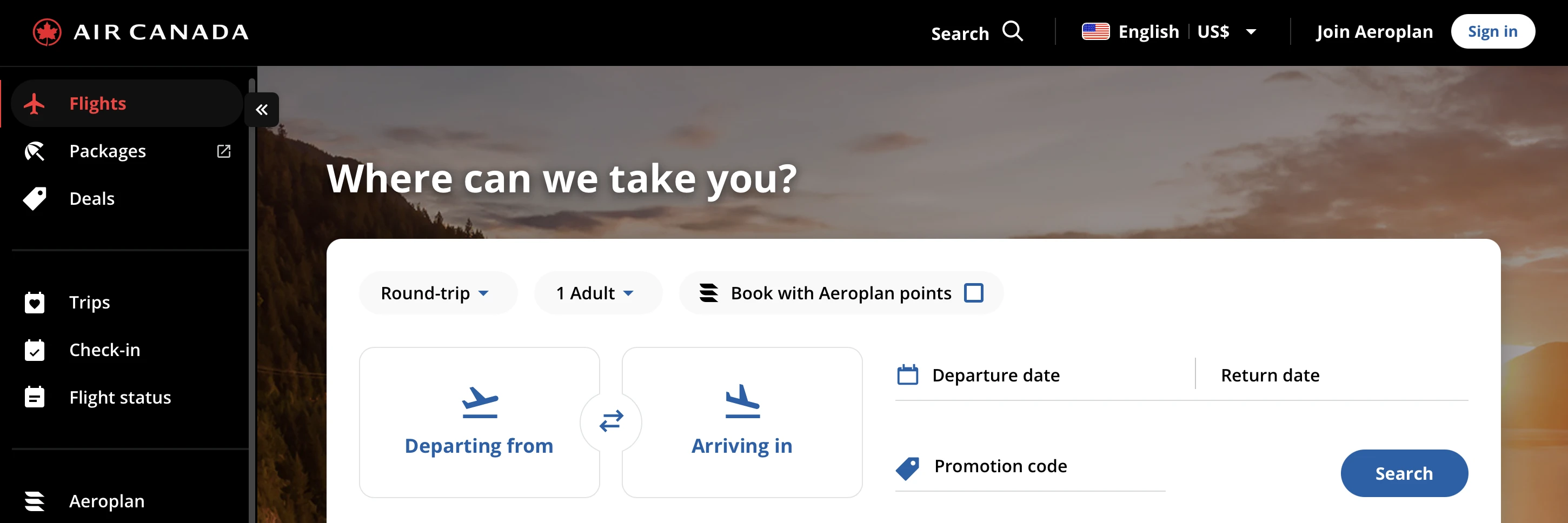 Air Canada Homepage.