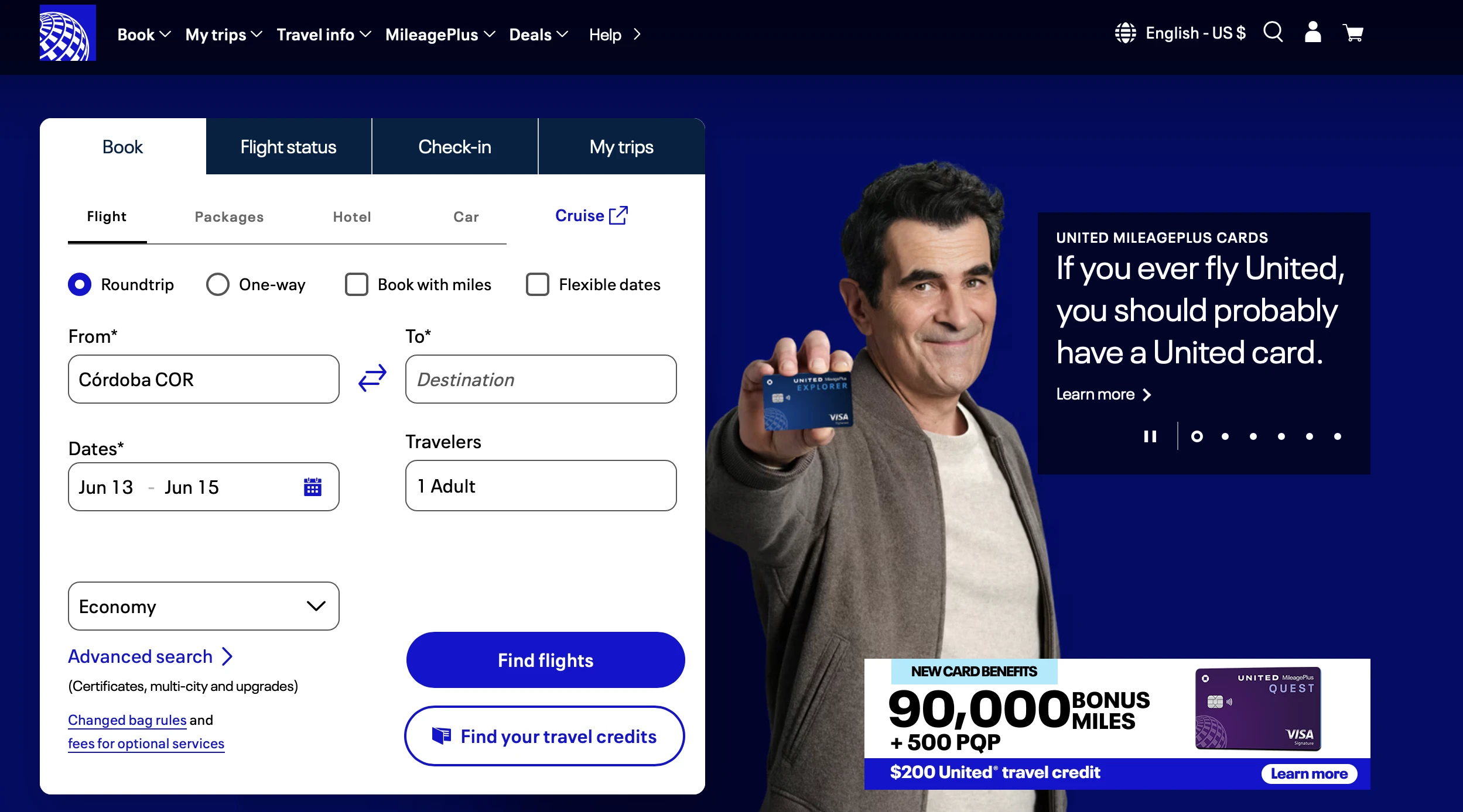 United Airlines Homepage.