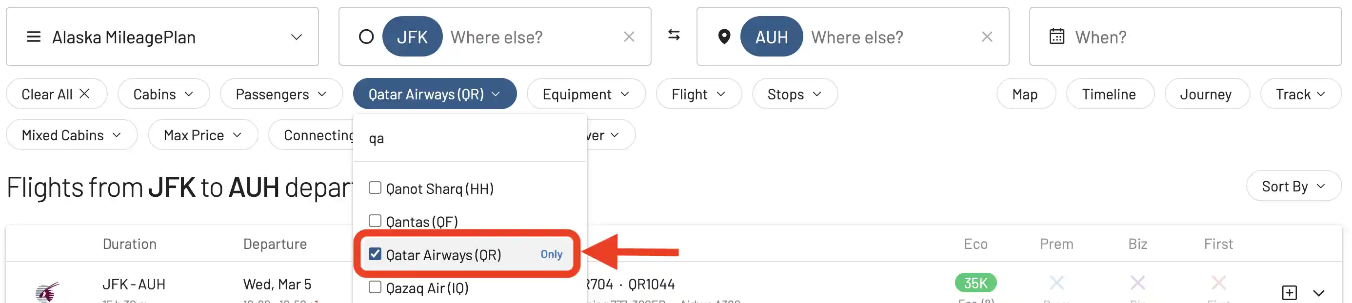 Select QR in the Airline filter.