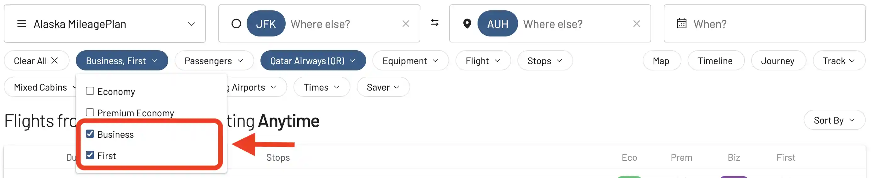 AwardFares cabin filter lets you show award flights on Qatar Airways' First and Business Class only.