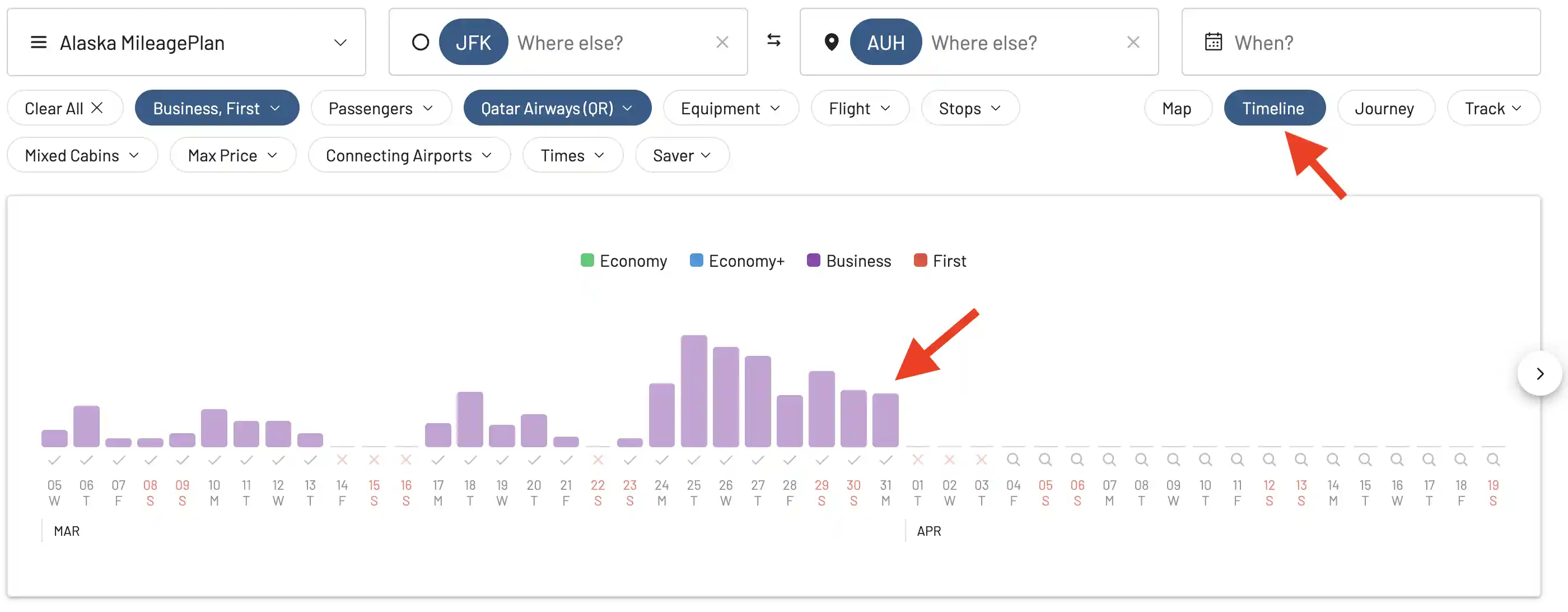 Search results for award flights on AwardFares (Timeline View).