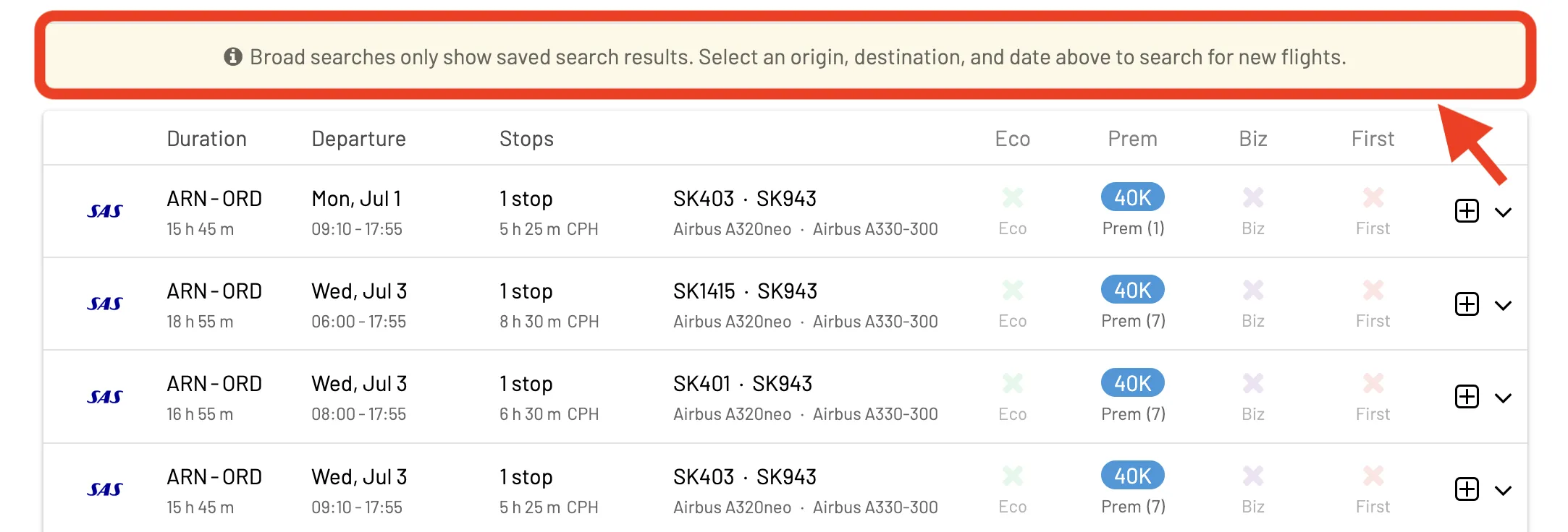 Broad award flight search using AwardFares, uses cached results.