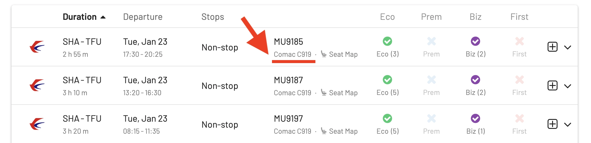 Finding award flights operated by COMAC planes using AwardFares.