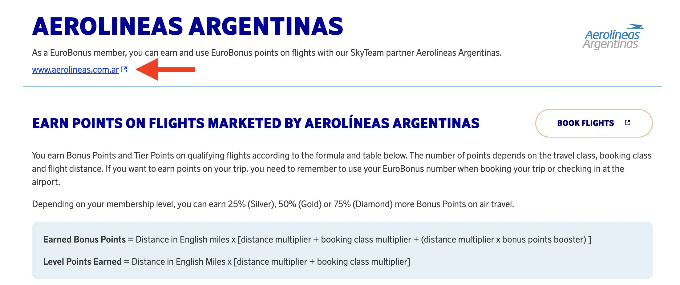 Claim EuroBonus points for flights with Aerolíneas Argentinas.