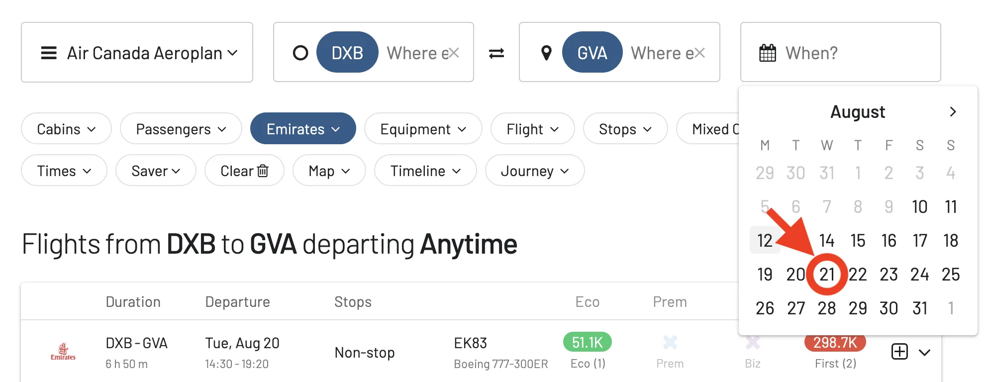 Use Aeroplan on AwardFares to search for availability on the new refreshed Emirates 777-300ER.