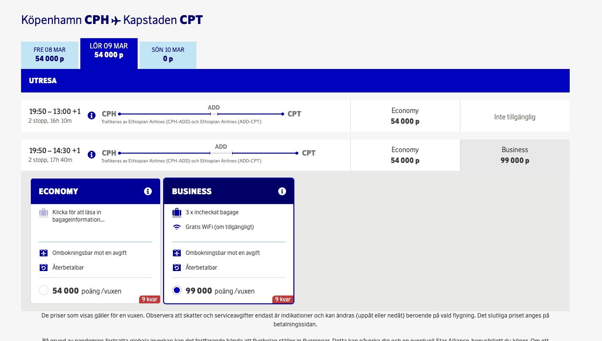 Ghost availability on Ethiopian Airlines using SAS EuroBonus Points