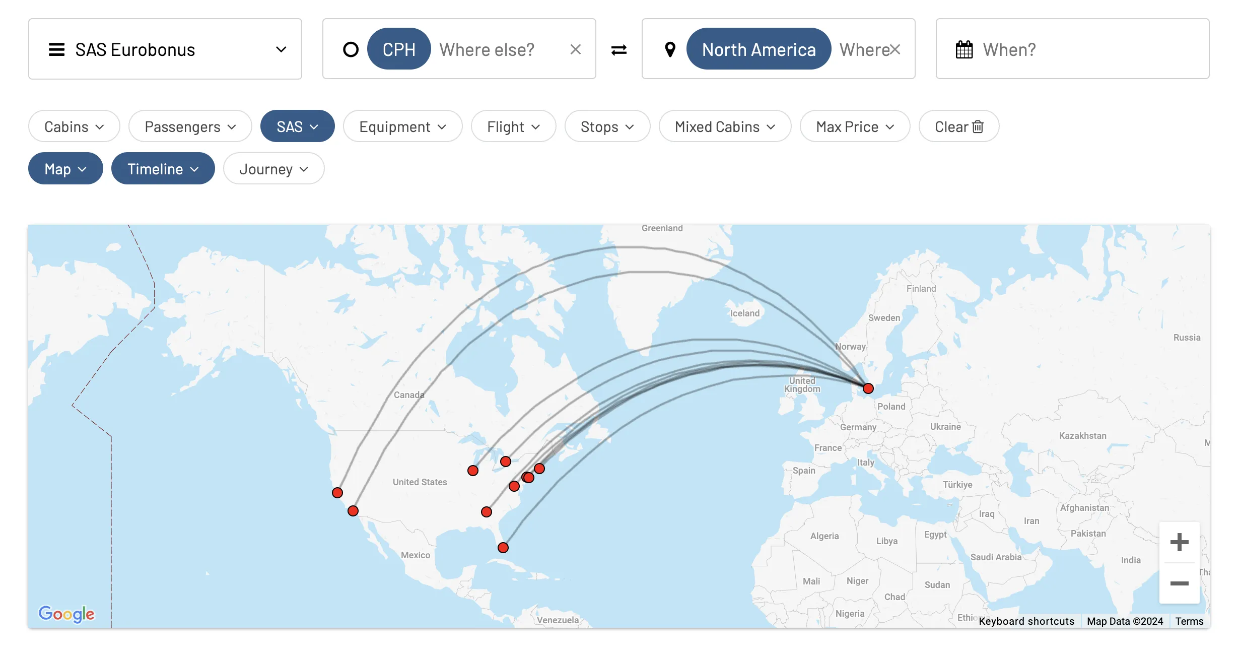 SAS Non-stop routes to North America.