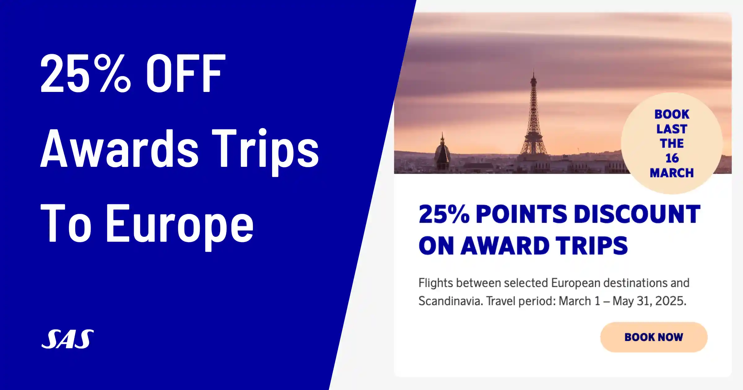 Cover image for SAS Points Discount: 25% OFF Europe-Scandinavia Flights (Book by Mar 16)