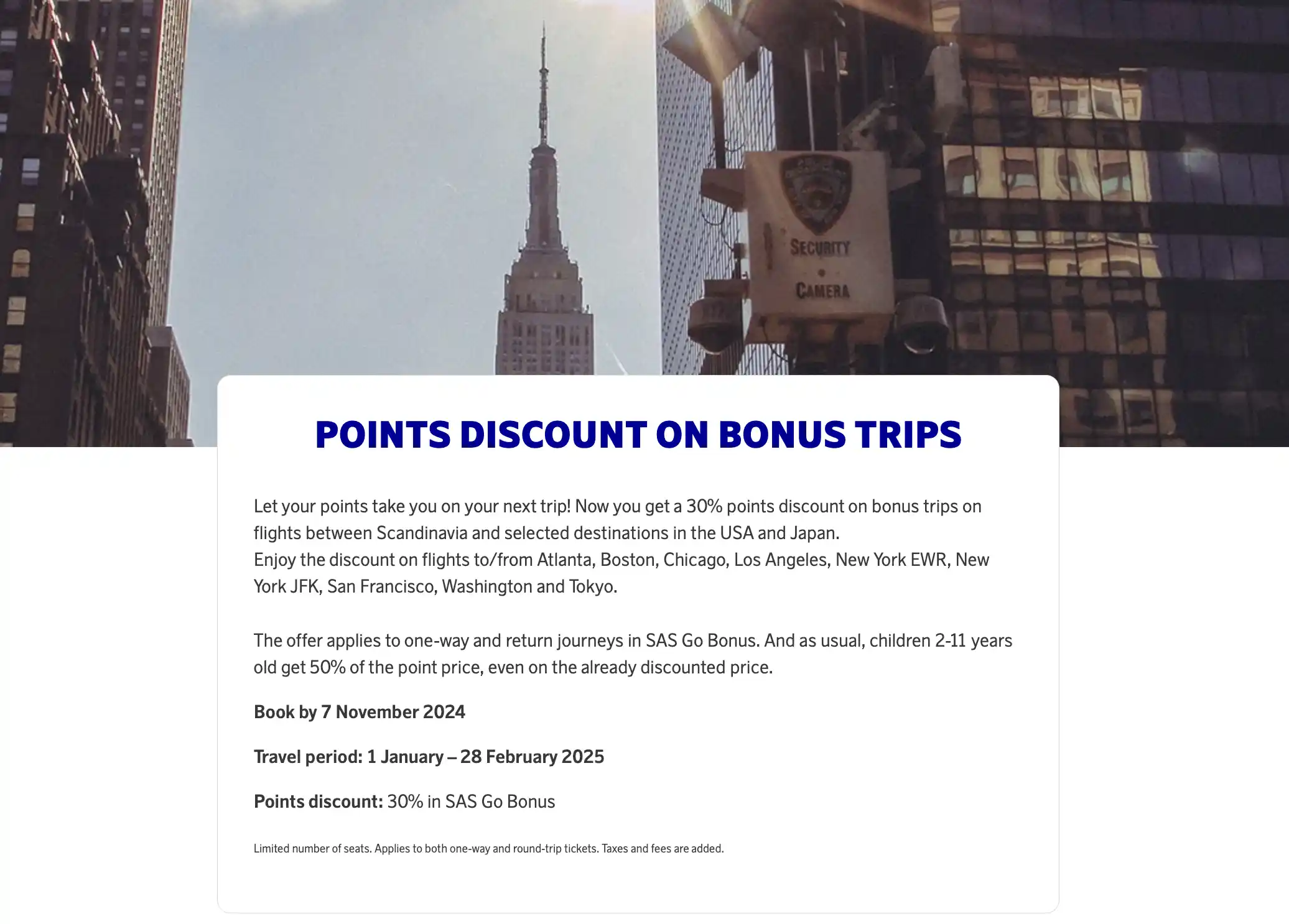 Get a 30% discount on SAS EuroBonus award trips to the USA and Japan. Book before November 7.