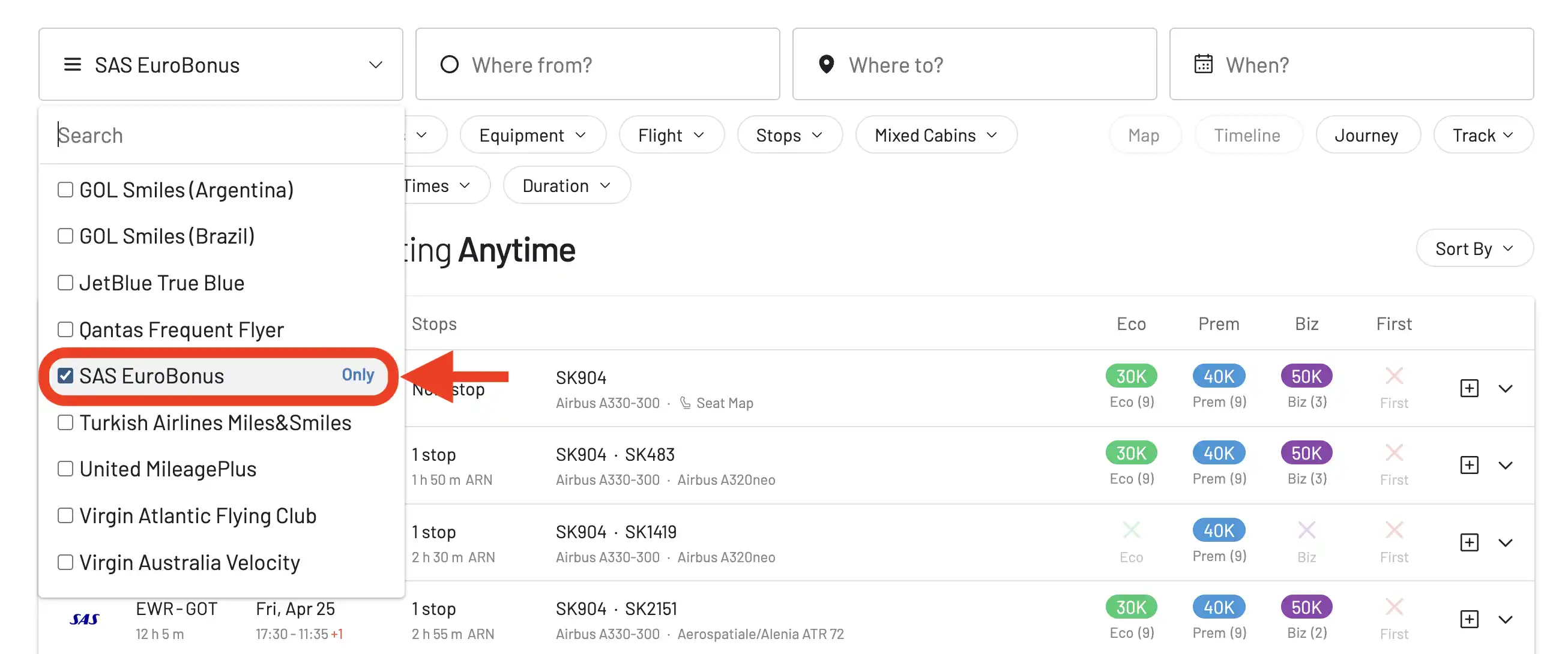 Select Frequent Flyer Program in AwardFares.