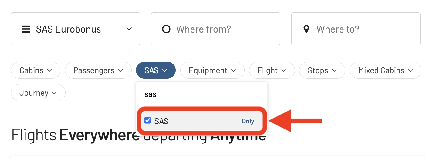 Select SAS as under Airlines to show bonus trips on SAS only.