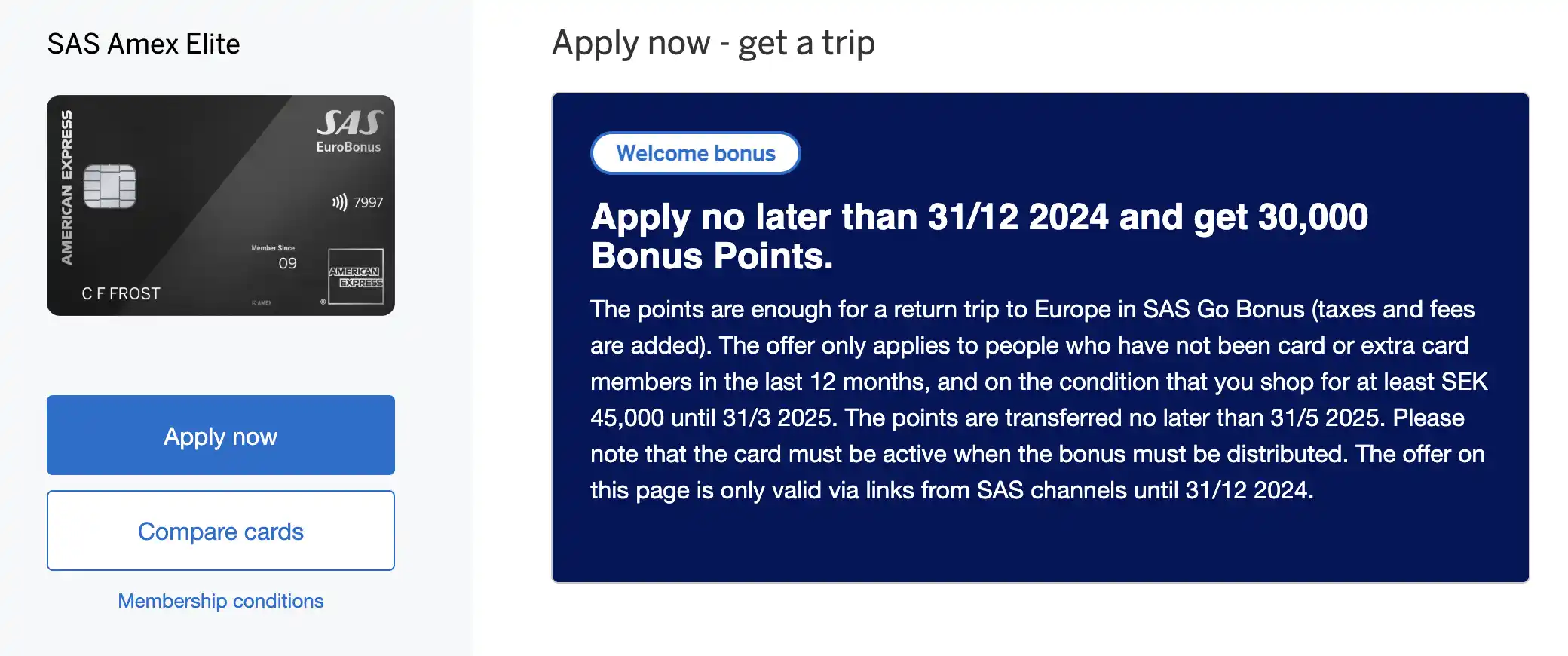 Get 30.000 EuroBonus points with SAS Amex Elite.