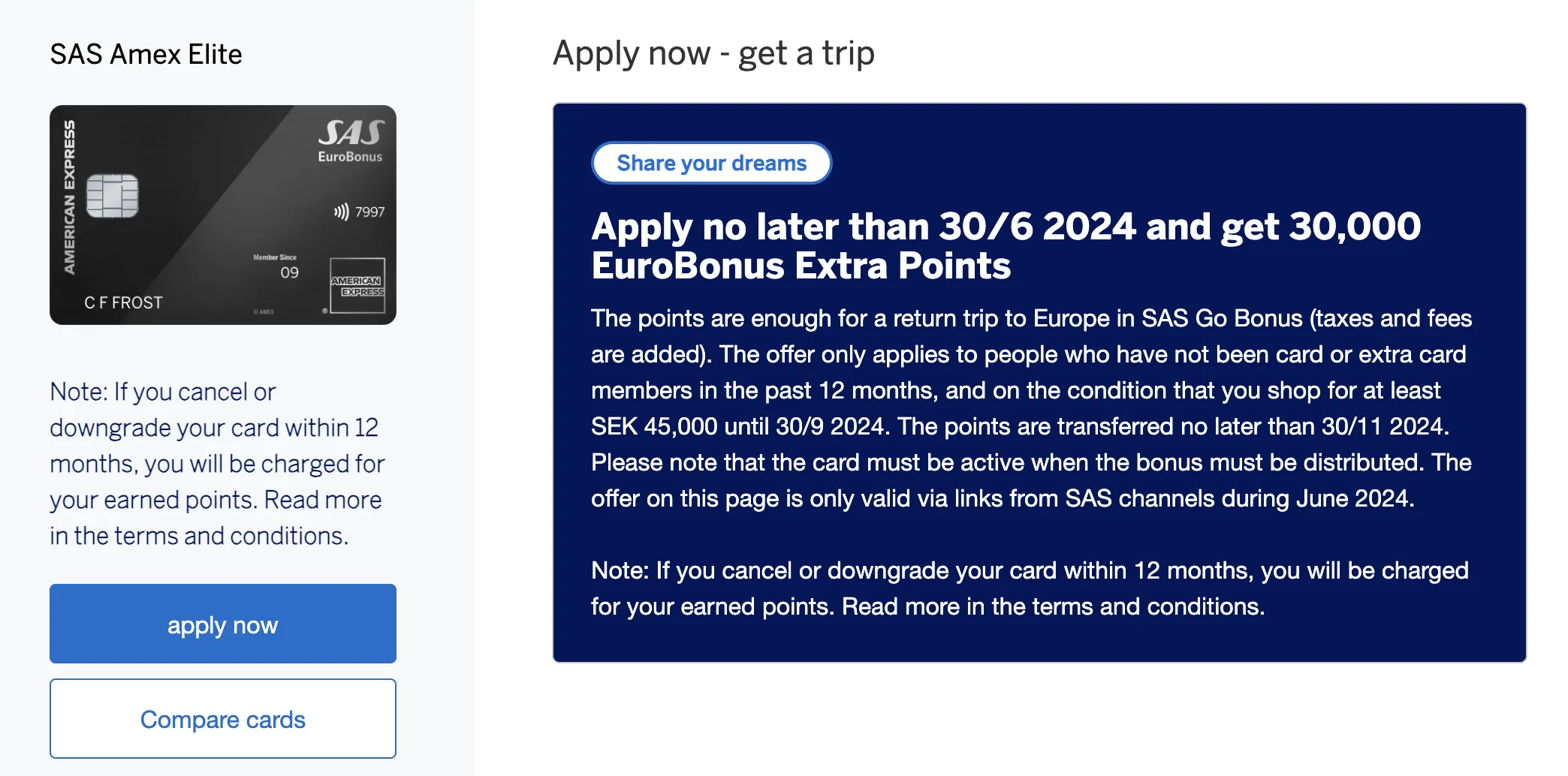 Amex Elite 30k EuroBonus Points'.